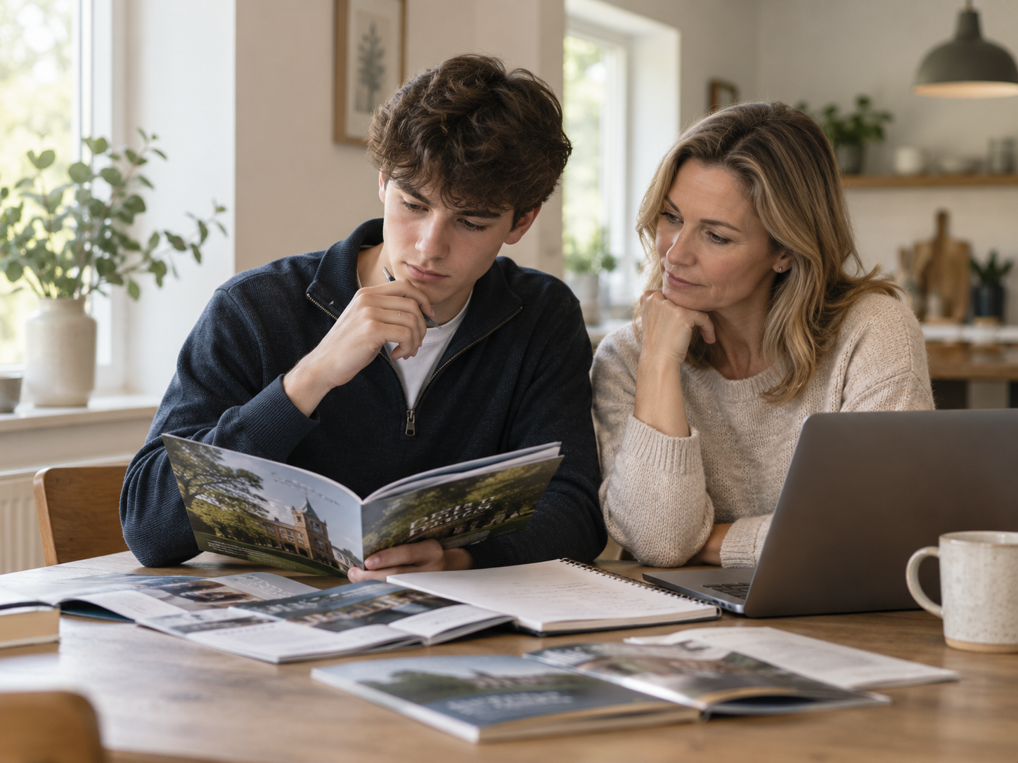 A parent and teenager reviewing university information together at home