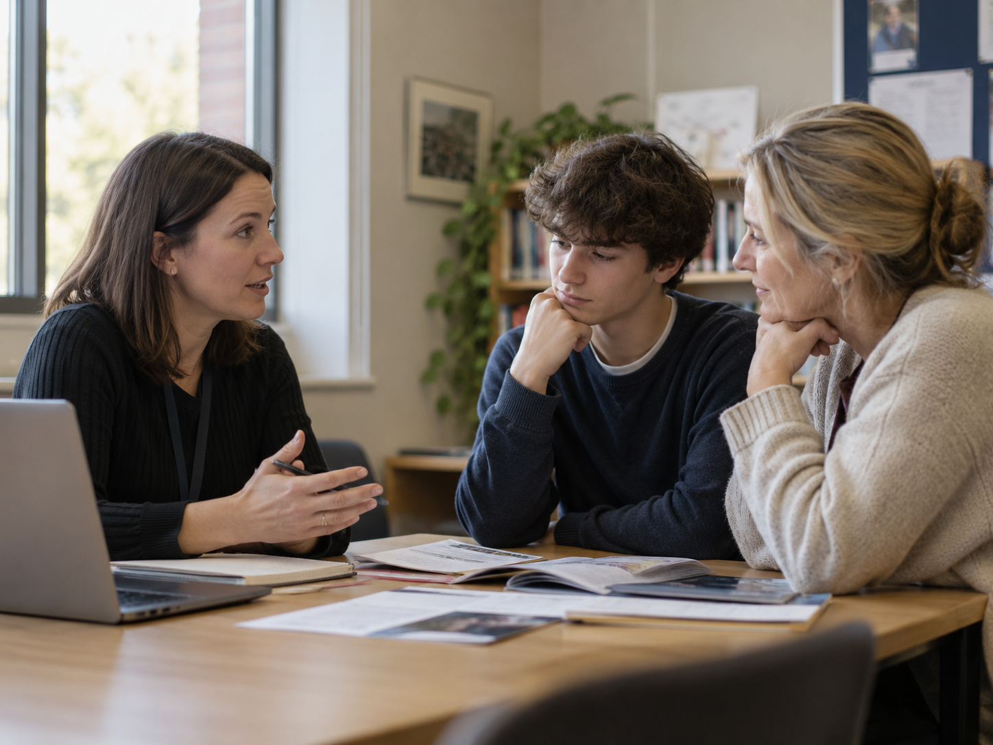 A careers adviser discussing options with a student and parent in a school setting